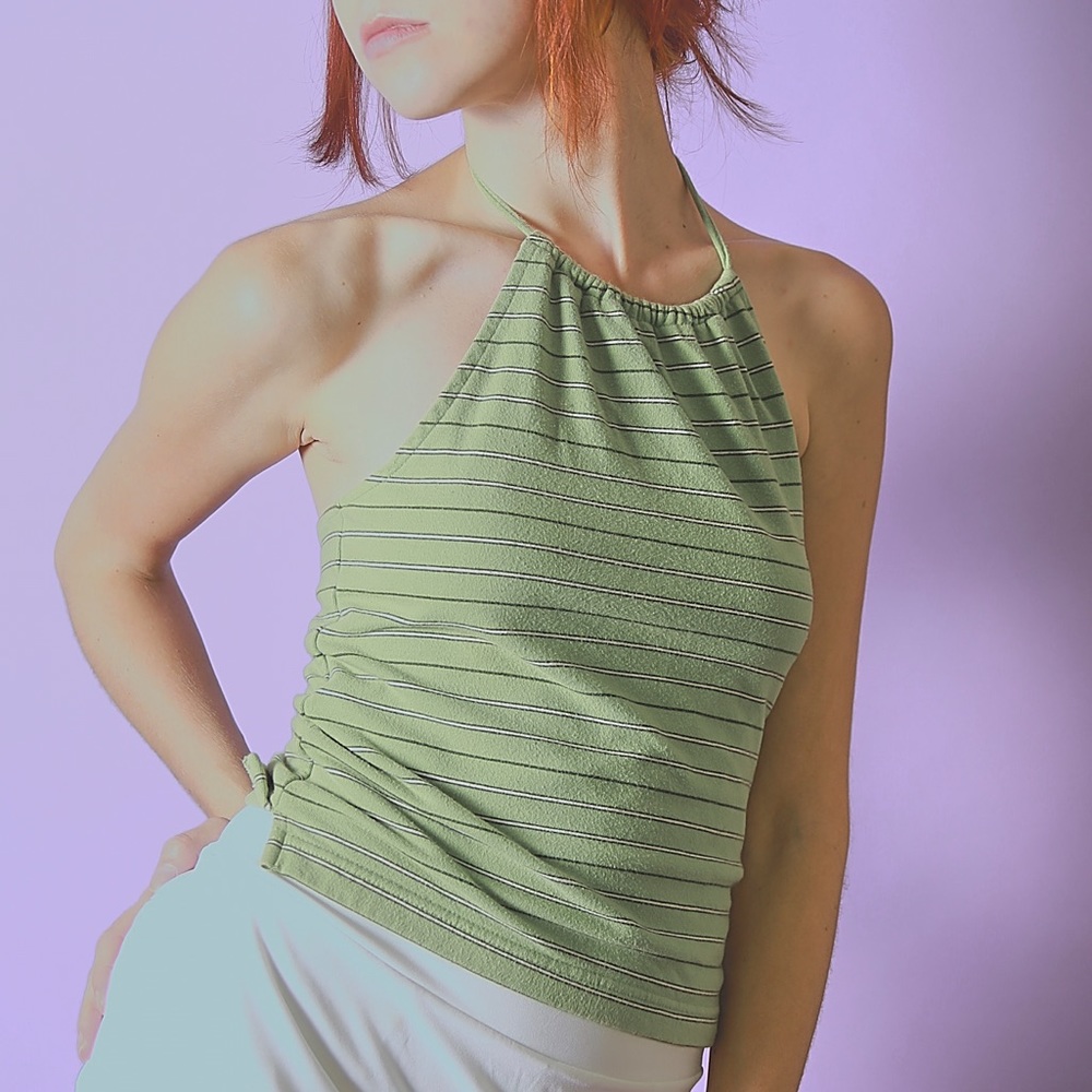 y2k tropical green halter top with white and black stripes